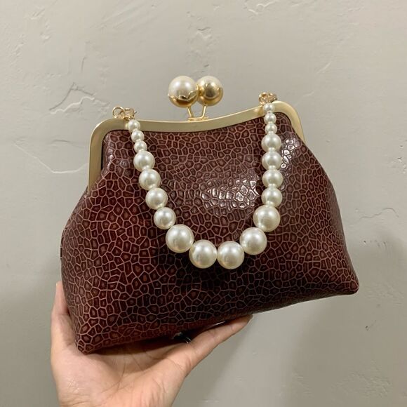 Brown Handmade Embossed Cowhide, Big Pearl Kisslock Clutch/Wristlet/Crossbody - Picture 1 of 15